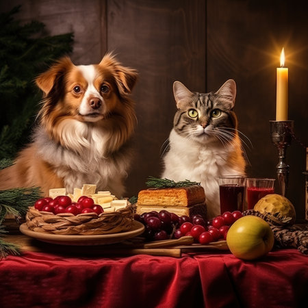 Cute dog and cat on Christmas table. Festive background.の素材