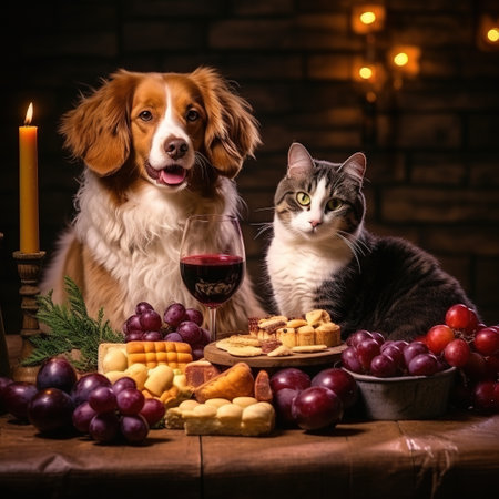 A dog and a cat are sitting next to a plate of food and wine.の素材