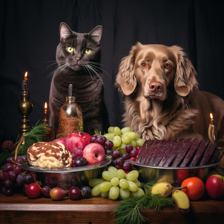 Cat and dog sitting at a table with food and wine. Shot in a studio.の素材
