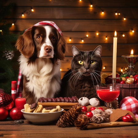 Cute dog and cat with christmas cookies on wooden background.の素材