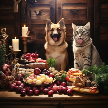 Cat and dog sitting in front of a table full of fruit.の素材