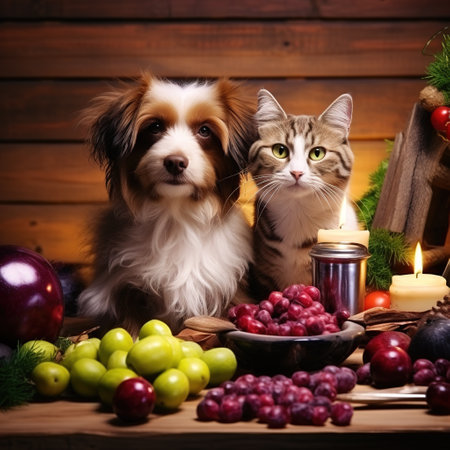 Christmas still life with dog, cat and plums on wooden backgroundの素材