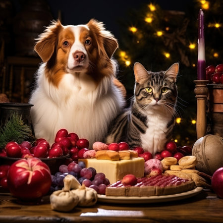 Dog and cat sitting on Christmas table with cookies, nuts and fruitsの素材