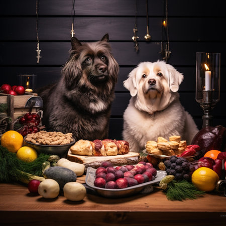 Cute dogs and healthy food on wooden background. Studio shot.の素材