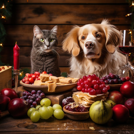 Cute dog and cat sitting on wooden table with food and wineの素材