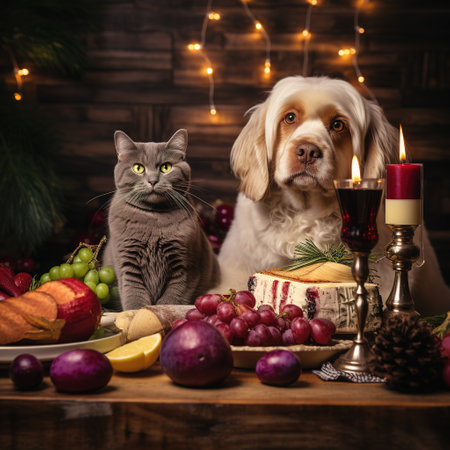 Cat and dog on Christmas table with gifts and festive decoration. Holiday concept.の素材