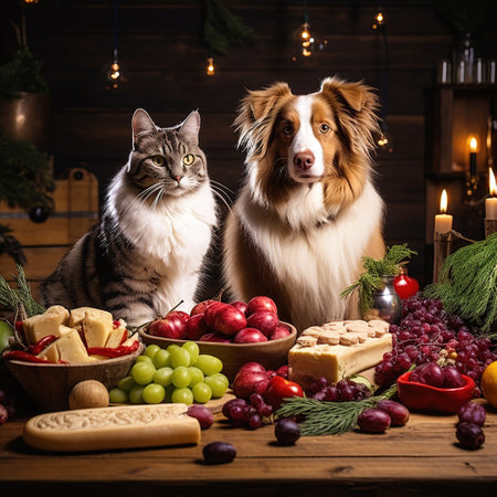 Two dogs and a cat sit next to a table full of fruit.の素材