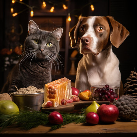 Cat and dog in front of christmas ornaments on wooden tableの素材
