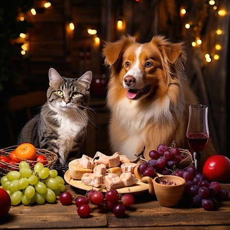 Red Border Collie dog and cat on wooden table with fruits and wineの素材