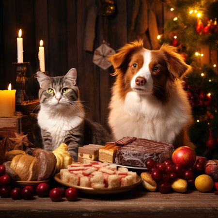 Cute dog and cat in front of christmas table with sweetsの素材