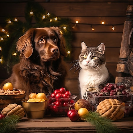 Cat and dog on the background of a Christmas tree with cookies and fruitsの素材
