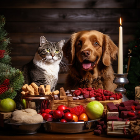 Cat and dog in front of a Christmas table with cookies and candiesの素材