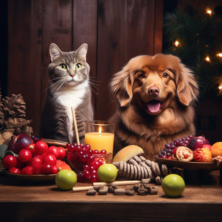 Cat and dog sitting next to a plate of fruit on a wooden backgroundの素材
