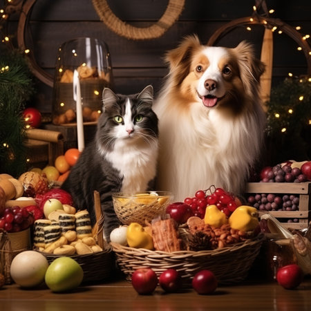 Two border collie dogs and cat sitting next to a basket of foodの素材