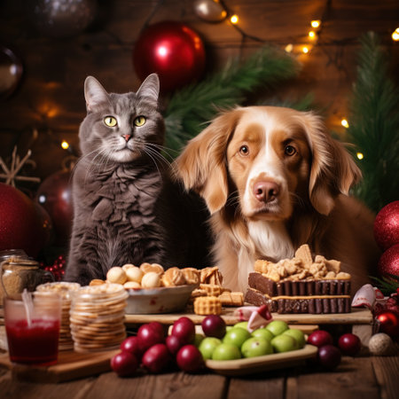 Cat and dog with cookies on christmas table. Christmas background.の素材