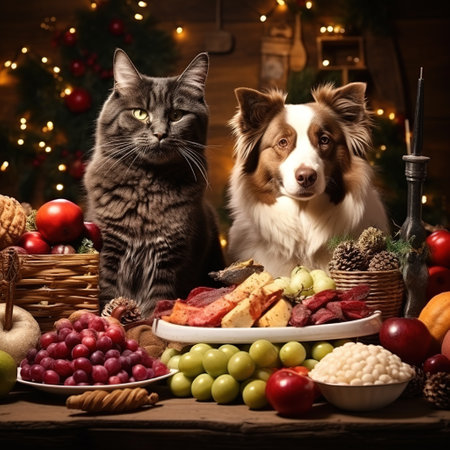 Christmas still life with a cat, a dog and a bowl of foodの素材