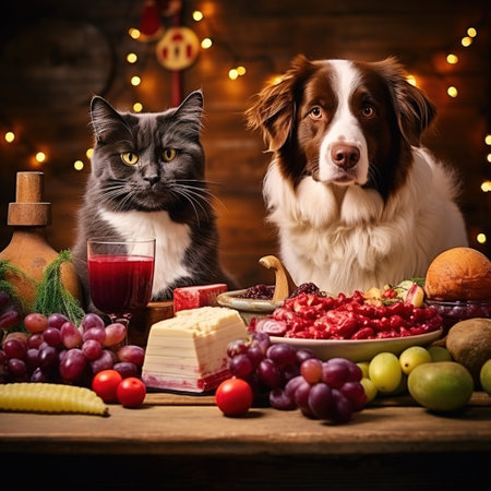 Cute Border Collie dog and cat sitting next to a plate of different fruits and vegetables.の素材