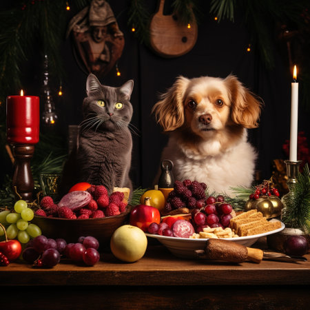 Cat and dog on the background of the Christmas tree and a plate with fruitの素材