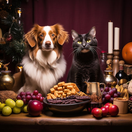 Cat and dog in front of a Christmas table with food and biscuitsの素材
