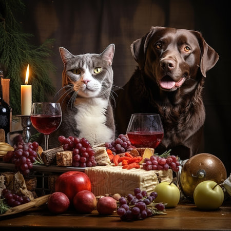 Cat and dog sitting at a table with food and wine. Dark background.の素材