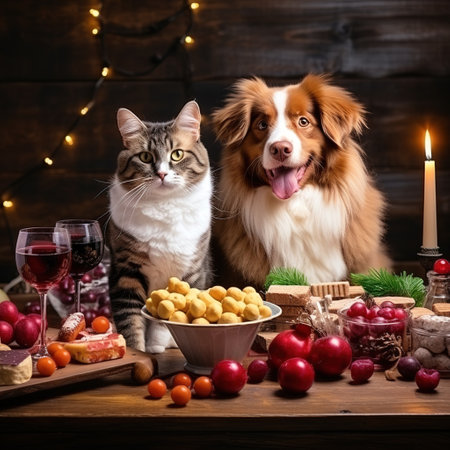 Two dogs and a cat on the background of a Christmas table.の素材
