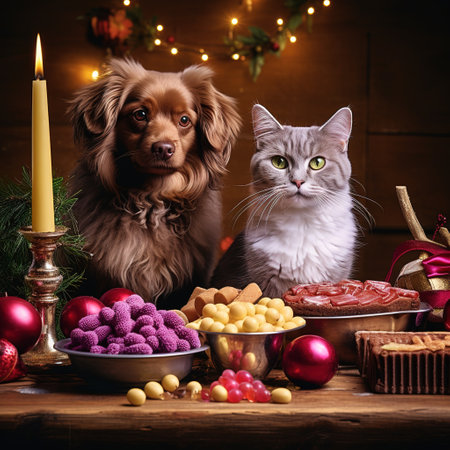 Cat and dog with candies. Christmas still life with sweets.の素材