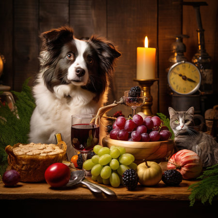 Funny portrait of border collie dog and cat with wine.の素材