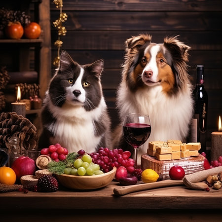 Two australian shepherd dogs with wine and fruits on wooden backgroundの素材