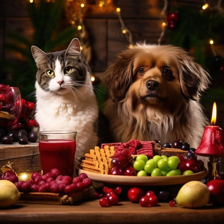 Cute dog and cat on a Christmas table. Festive background.の素材
