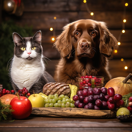 Cat and dog sitting next to a bowl of fruit on wooden backgroundの素材