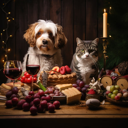 Cute dog and cat on christmas table with food and wineの素材