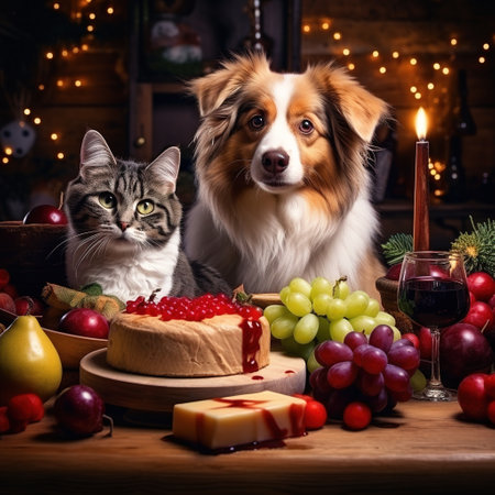 Cat and dog with a piece of cake on a wooden background.の素材