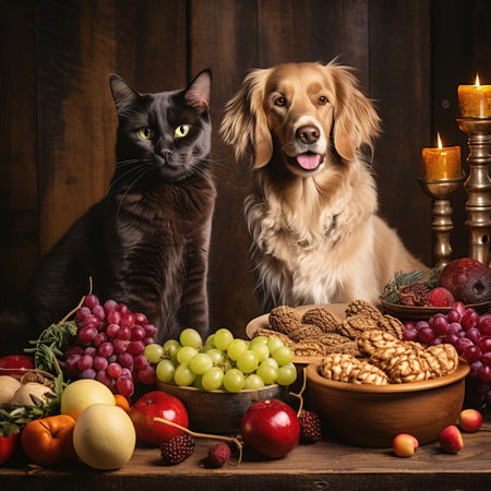 Still life with cat, dog and bowl of fruit on wooden backgroundの素材