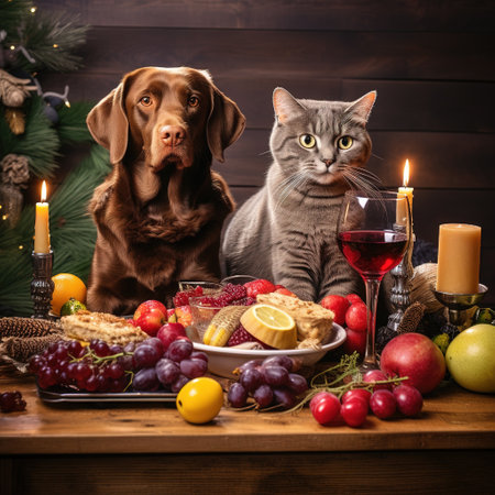 Cat and dog on a wooden table with a plate of food.の素材