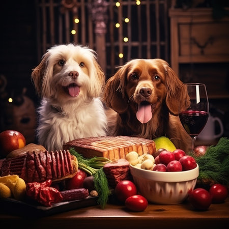Cocker Spaniel, Cocker Spaniel and Poodle dog sitting on a wooden table with food.の素材