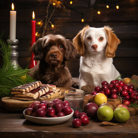 Christmas still life with dog and christmas decorations on dark wooden backgroundの素材
