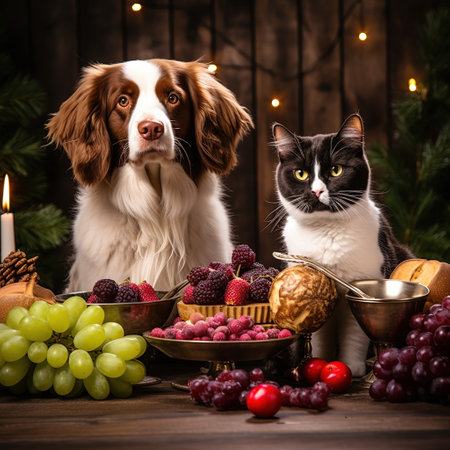 A black and white cat, a spaniel and a dog are sitting next to a plate of berries.の素材