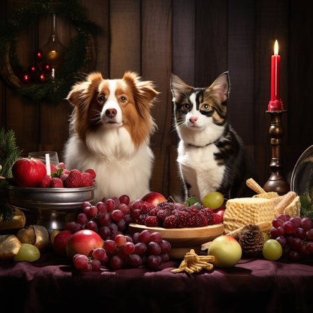 Two dogs and a cat in the Christmas decorations on a wooden backgroundの素材