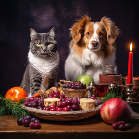 A dog and a cat are sitting on a wooden table with a plate of food.の素材
