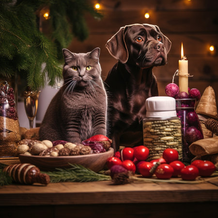 Cute cat and dog on the background of Christmas decorations and gifts.の素材