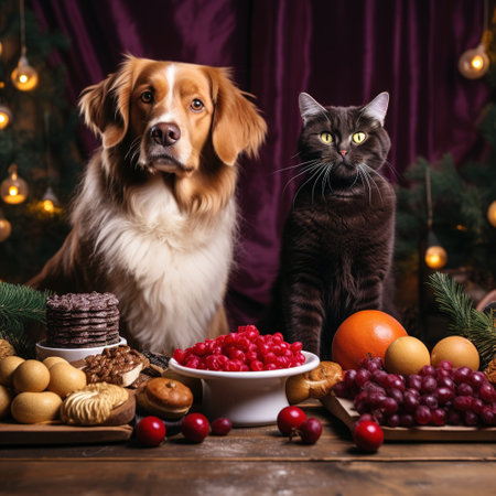 Cute dog and cat sitting next to a bowl of berries and cookies on a wooden tableの素材