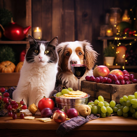 Cat and dog with a glass of red wine in a wooden kitchenの素材