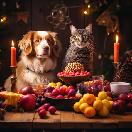 Cat and dog in front of Christmas table with candies and fruitsの素材