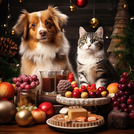 Cute dog and cat on Christmas table with festive decorations and foodの素材