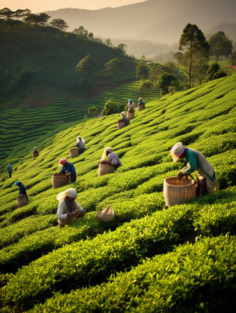 Tea Plantation at Sunrise in Munnar, Kerala, South Indiaの素材