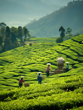 Tea Plantation in Munnar, Kerala, India. Farmers working at the tea plantationの素材