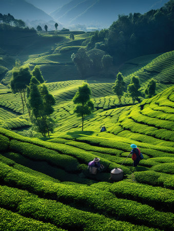 Tea Plantation at Sunrise in Munnar, Kerala, South Indiaの素材