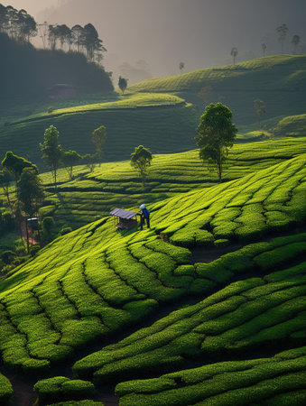 Tea Plantation at Sunrise in the Cameron Highlands, Malaysia, Asiaの素材