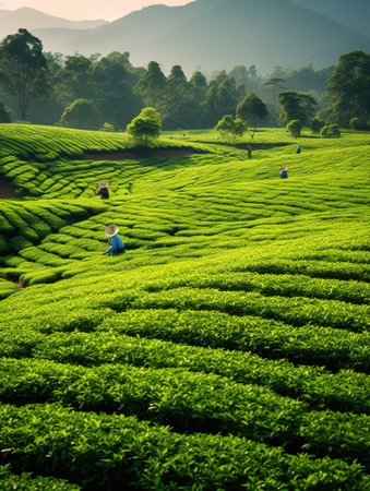 Tea Plantation at Sunrise in Munnar, Kerala, South Indiaの素材