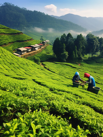 Tea Plantation at Sunrise in Munnar, Kerala, South Indiaの素材